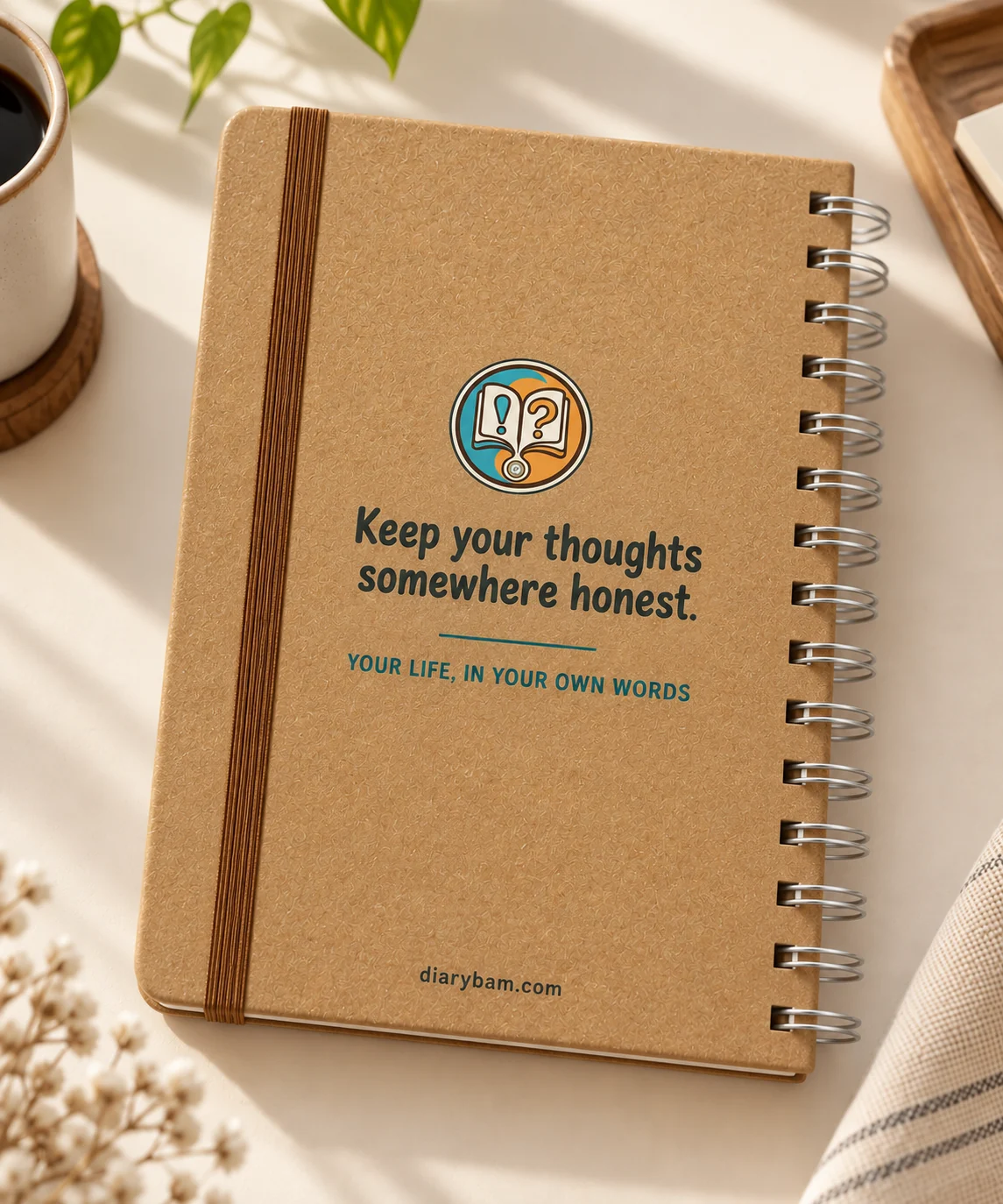 Concept mockup of the Diary!? kraft paper spiral journal back cover with the words Keep your thoughts somewhere honest