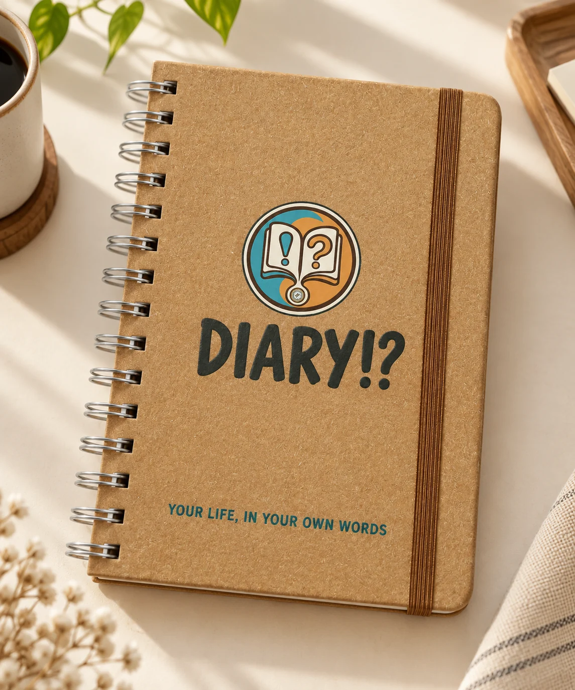 Concept mockup of the Diary!? kraft paper spiral journal front cover
