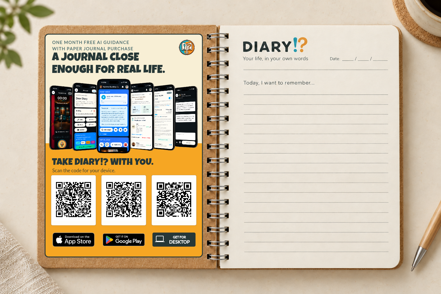 Concept mockup of an open Diary!? paper journal with a digital companion page, platform QR codes, and a lined writing page